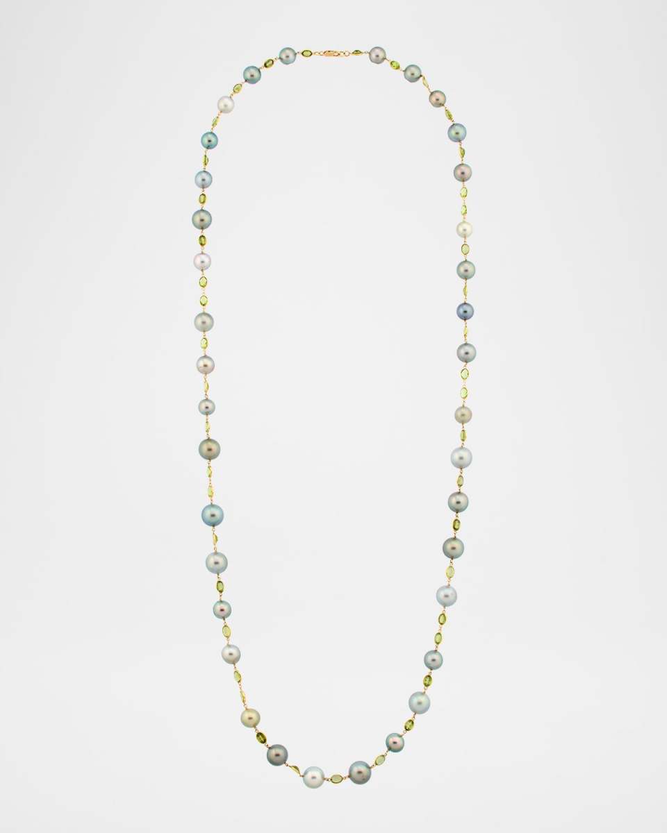 18K Yellow Gold Tahitian Pearl and Peridot Necklace, 32"L